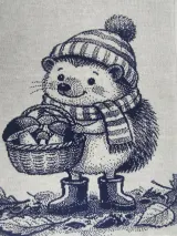 Navy and white jacquard blanket with the hedgehog and mushrooms design