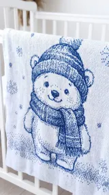 Blue and white double bed jacquard baby blanket with the bear in a hat