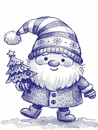 Christmas gnome with a striped hat holding a fir tree, knitting chart for Brother STP