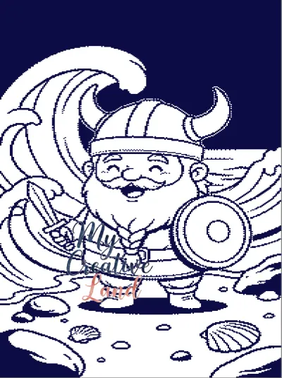 Viking warrior with shield and waves, navy and white knitting chart for Brother machines