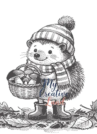 Hedgehog in a hat carrying a basket of mushrooms, baby blanket knitting chart