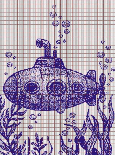 Submarine with bubbles and seaweed, purple knitting chart for Brother STP