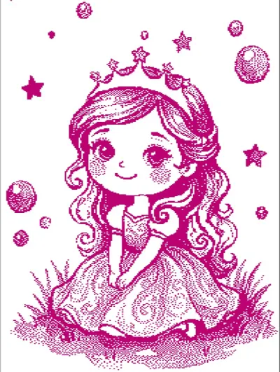 Princess with a crown and curly hair, magenta knitting chart for Brother STP